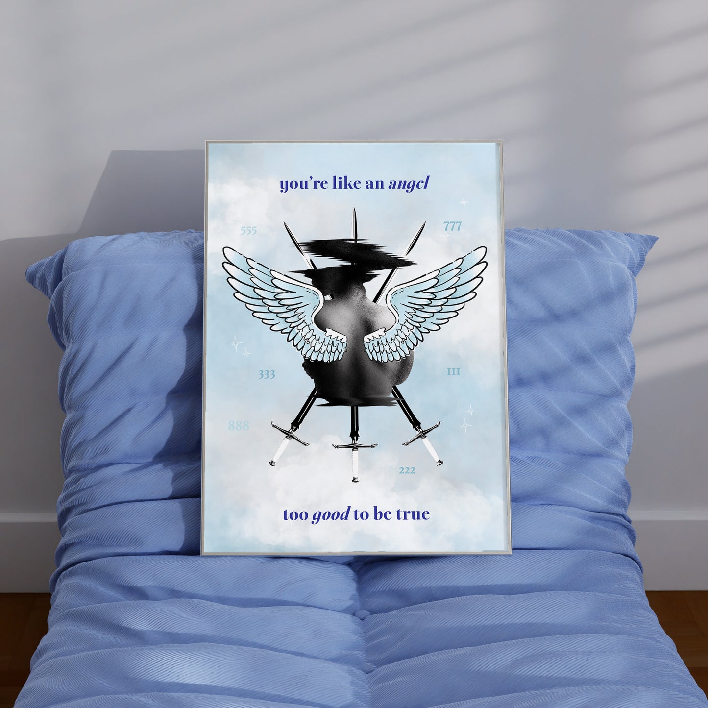 Angel Baby print on blue chair.