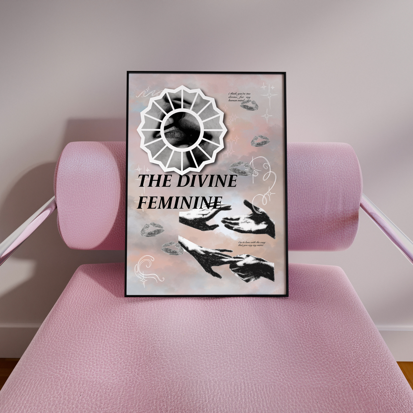 Framed Divine Feminine print sitting on pink chair.