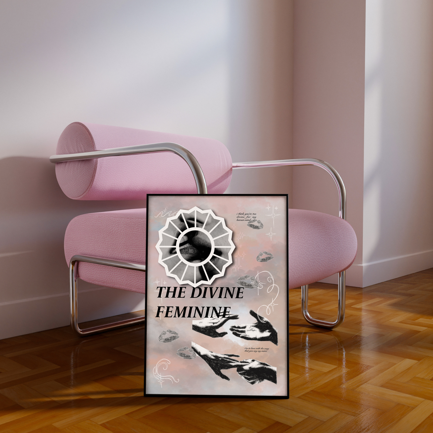 Divine Feminine print displayed in a room featuring Mac Miller, Creation of Adam, soft hues and pastel cloud background.