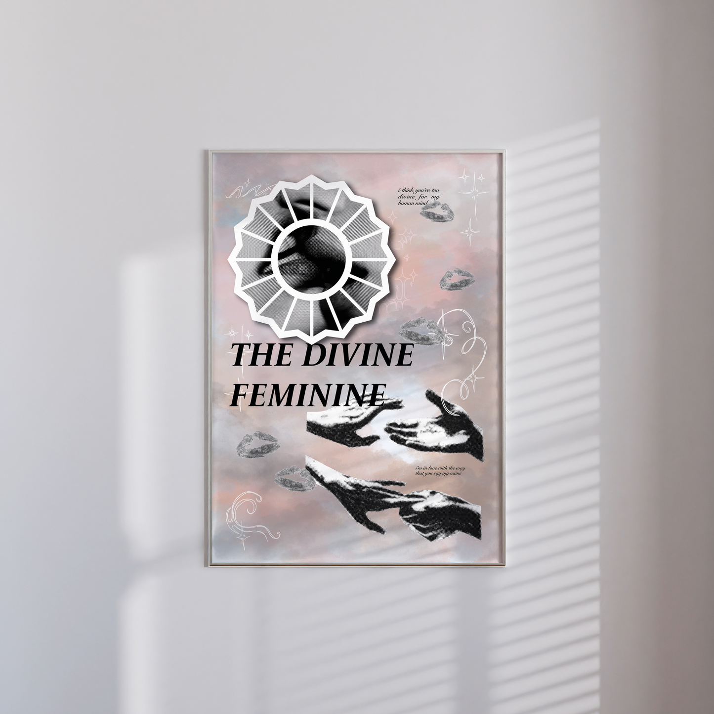 Straight view of Divine Feminine print hung up on a wall featuring Mac Miller, Creation of Adam, soft hues and pastel cloud background.