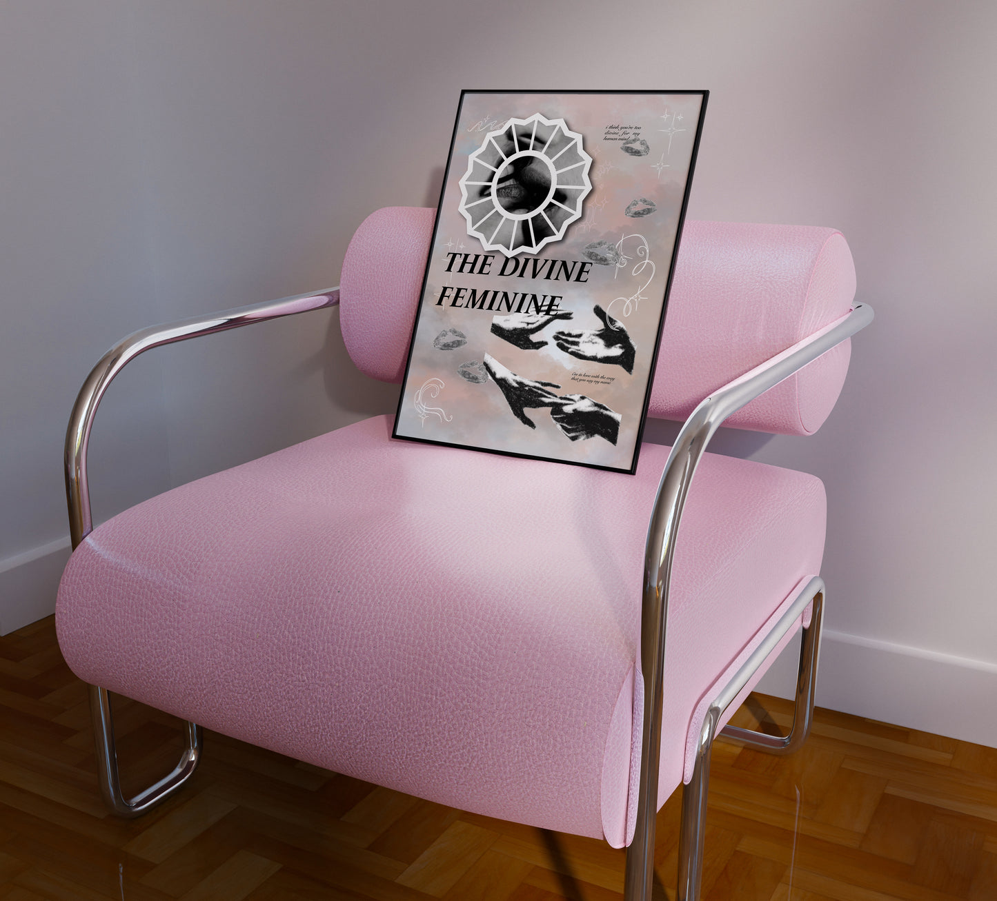Side angle view of Divine Feminine print sitting on pink chair.