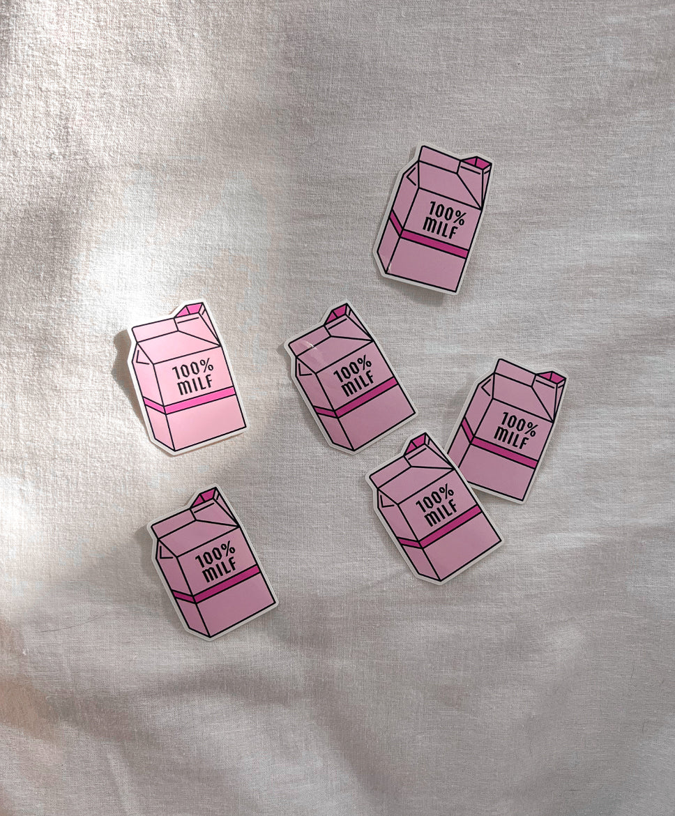 100% MILF Stickers featuring a pink milk carton with a bold design