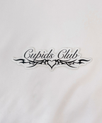 Cupids Club Brand Sticker featuring a cursive font and a tramp stamp heart design