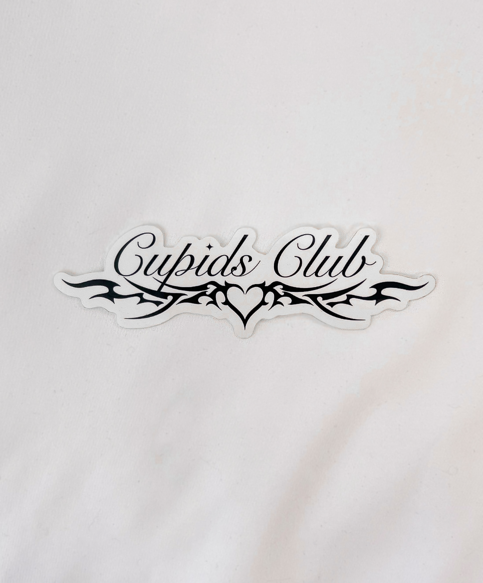 Cupids Club Brand Sticker featuring a cursive font and a tramp stamp heart design