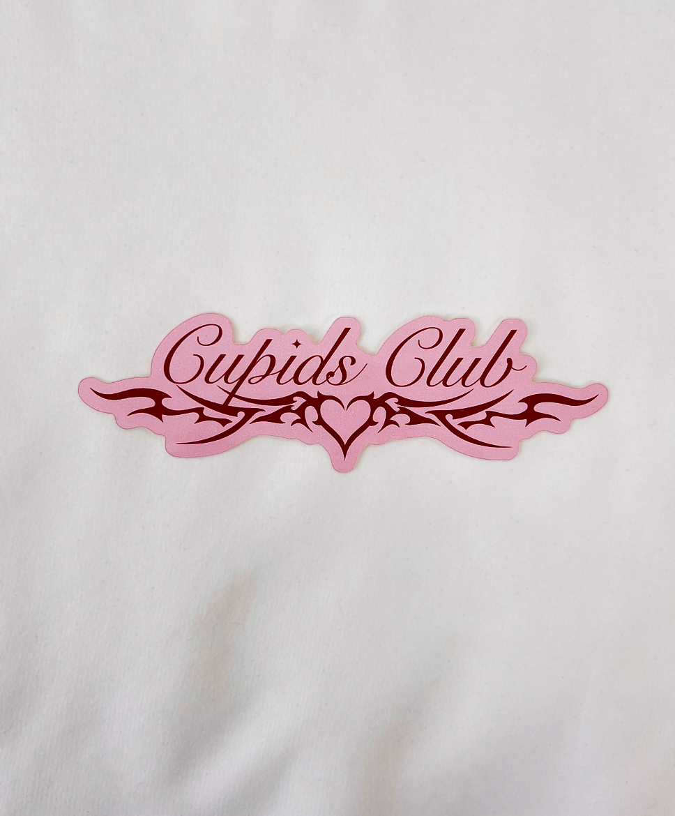 Cupids Club Brand Sticker featuring a cursive font and a tramp stamp heart design
