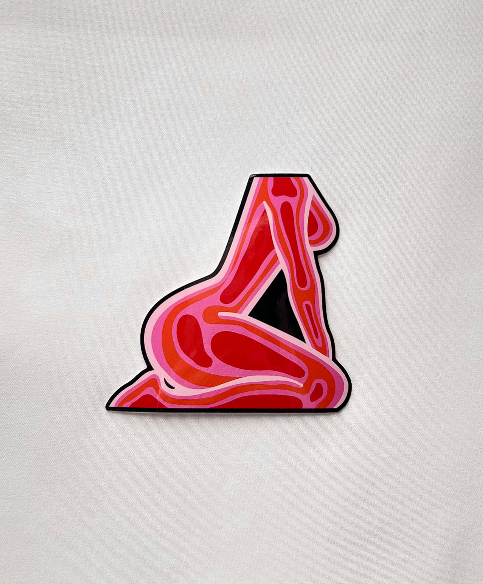 Feminine Energy Vinyl Sticker featuring a female body with topographic and heat patterns in pink, red, and orange