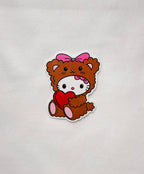 Teddy Bear Kitty Sticker features a cute white kitty in teddy bear costume with a red heart and pink bow